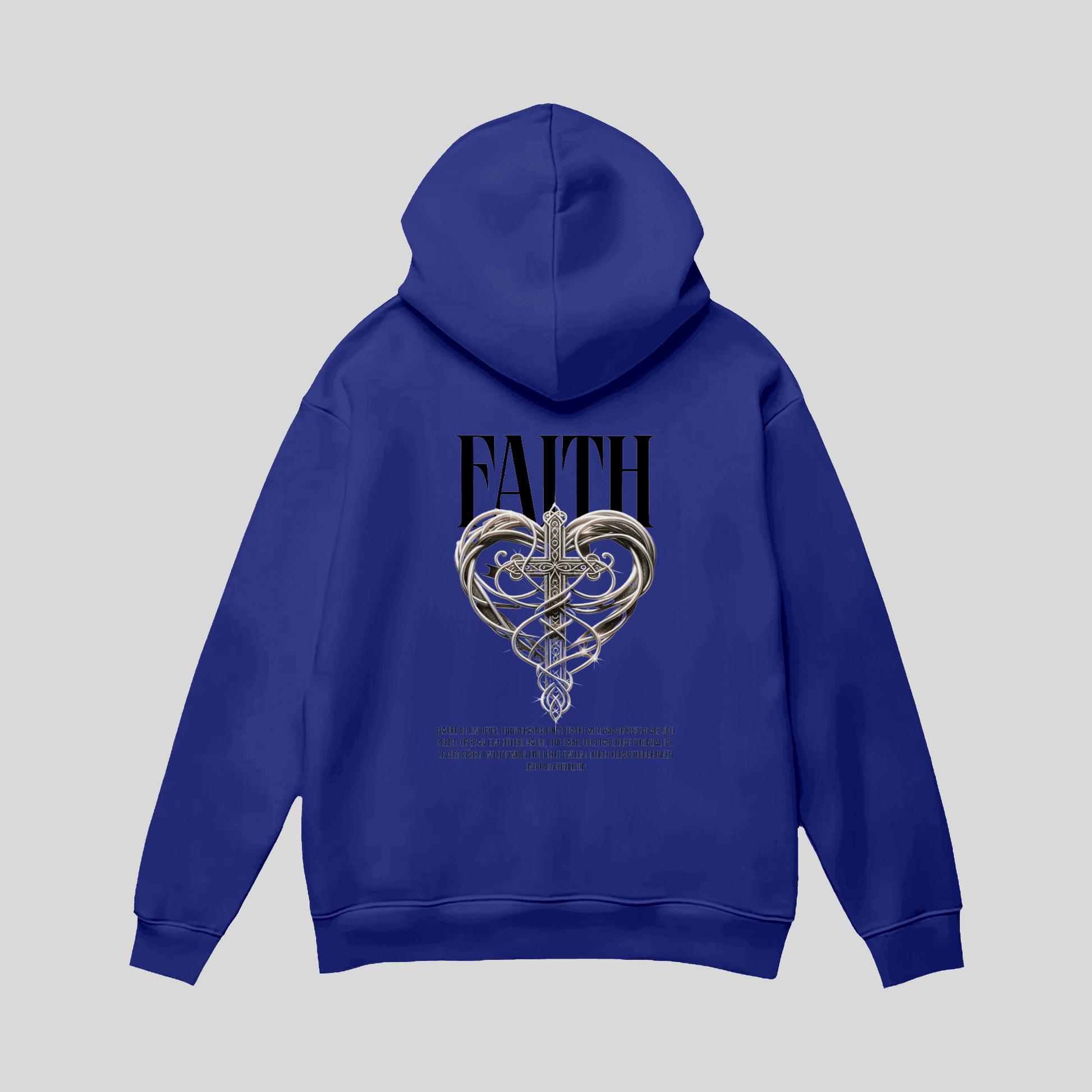 Premium Hoodie „Faith“ – Schwarzer Cross-Hoodie mit Metall-Herz KrzR DruckZone