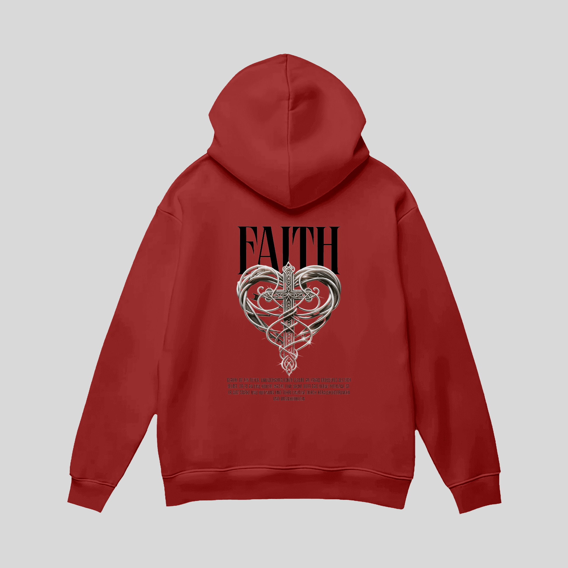 Premium Hoodie „Faith“ – Schwarzer Cross-Hoodie mit Metall-Herz KrzR DruckZone