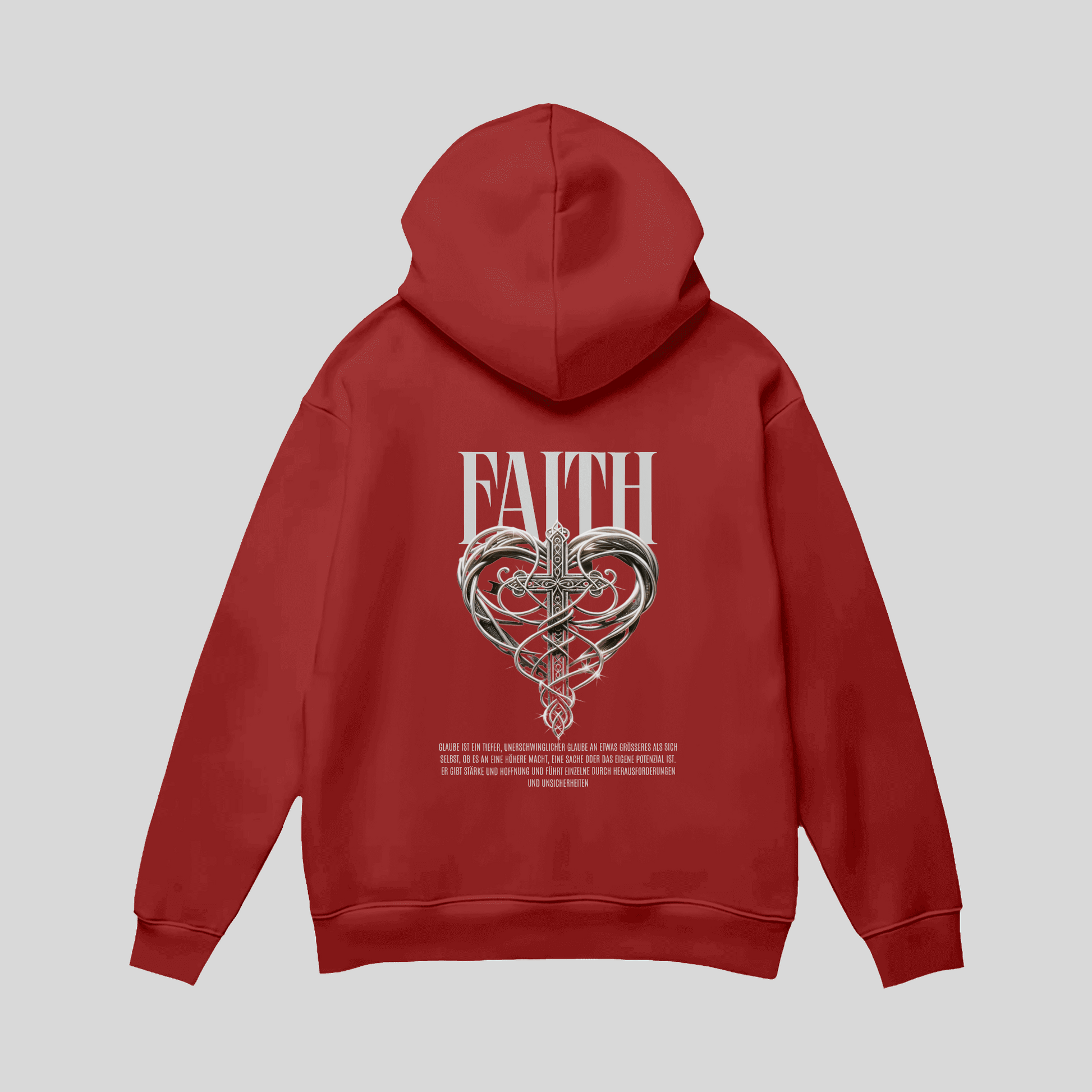 Premium Hoodie „Faith“ – Schwarzer Cross-Hoodie mit Metall-Herz KrzR DruckZone