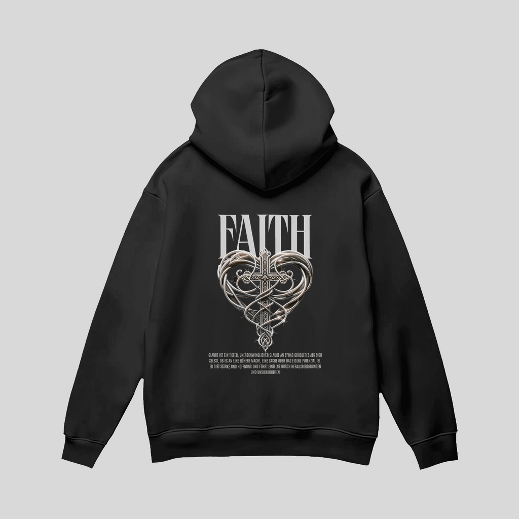 Premium Hoodie „Faith“ – Schwarzer Cross-Hoodie mit Metall-Herz KrzR DruckZone