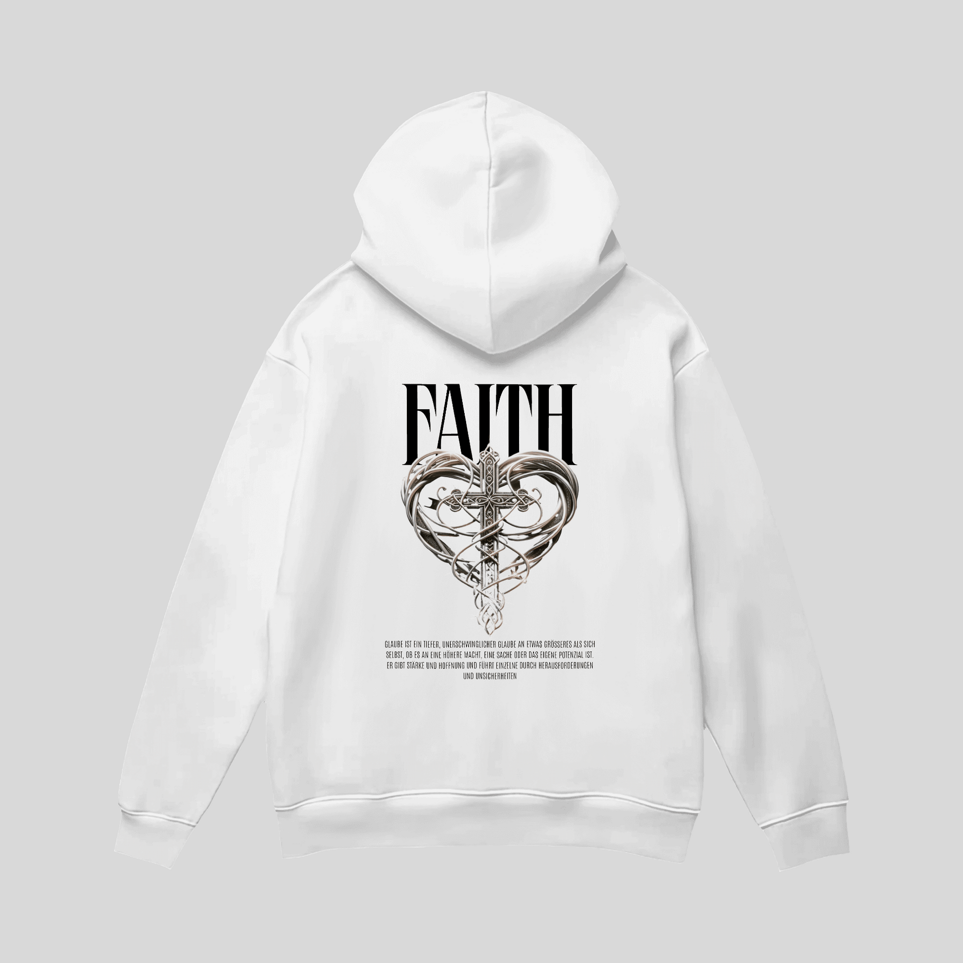 Premium Hoodie „Faith“ – Schwarzer Cross-Hoodie mit Metall-Herz KrzR DruckZone