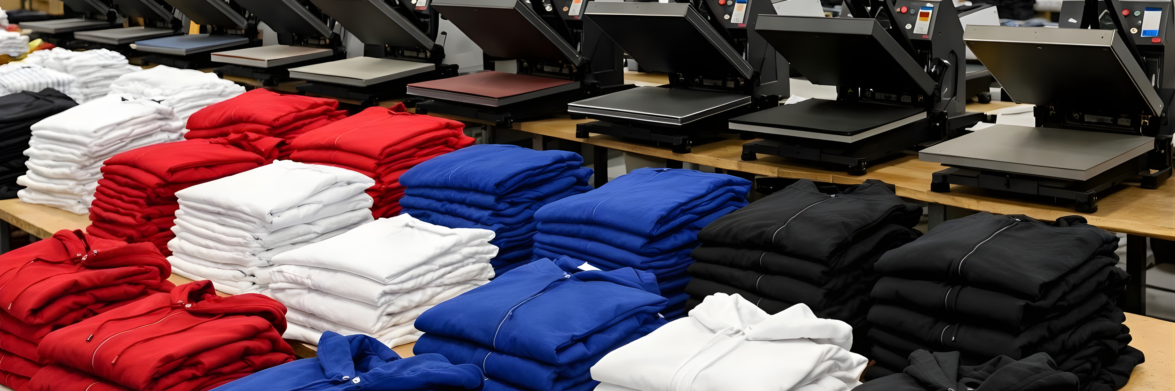 Produktionsraum mit mehreren Transferpressen und ordentlich gestapelten Hoodies in Rot, Weiß, Blau und Schwarz.