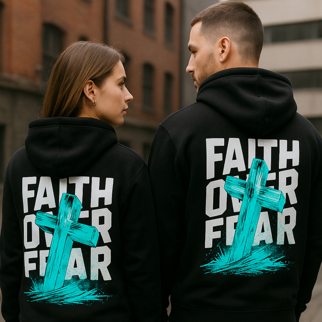 Premium Hoodie „Faith Over Fear“ – Christian Streetwear mit Cross-Print KrzR DruckZone