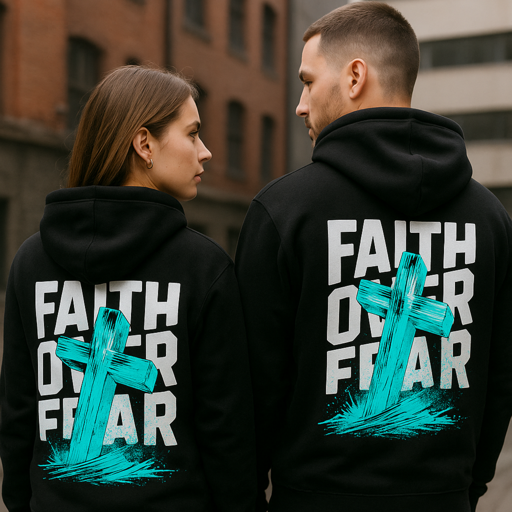 Premium Hoodie „Faith Over Fear“ – Christian Streetwear mit Cross-Print KrzR DruckZone