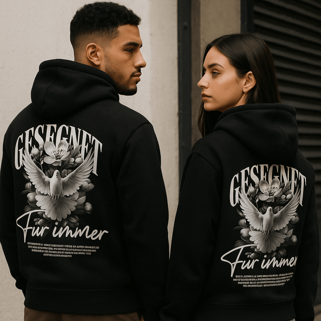 „schwarzer streetwear hoodie rückenprint taube gesegnet design“