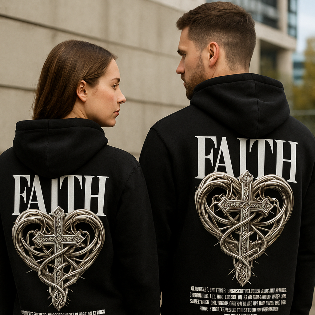 Premium Hoodie „Faith“ – Schwarzer Cross-Hoodie mit Metall-Herz KrzR DruckZone