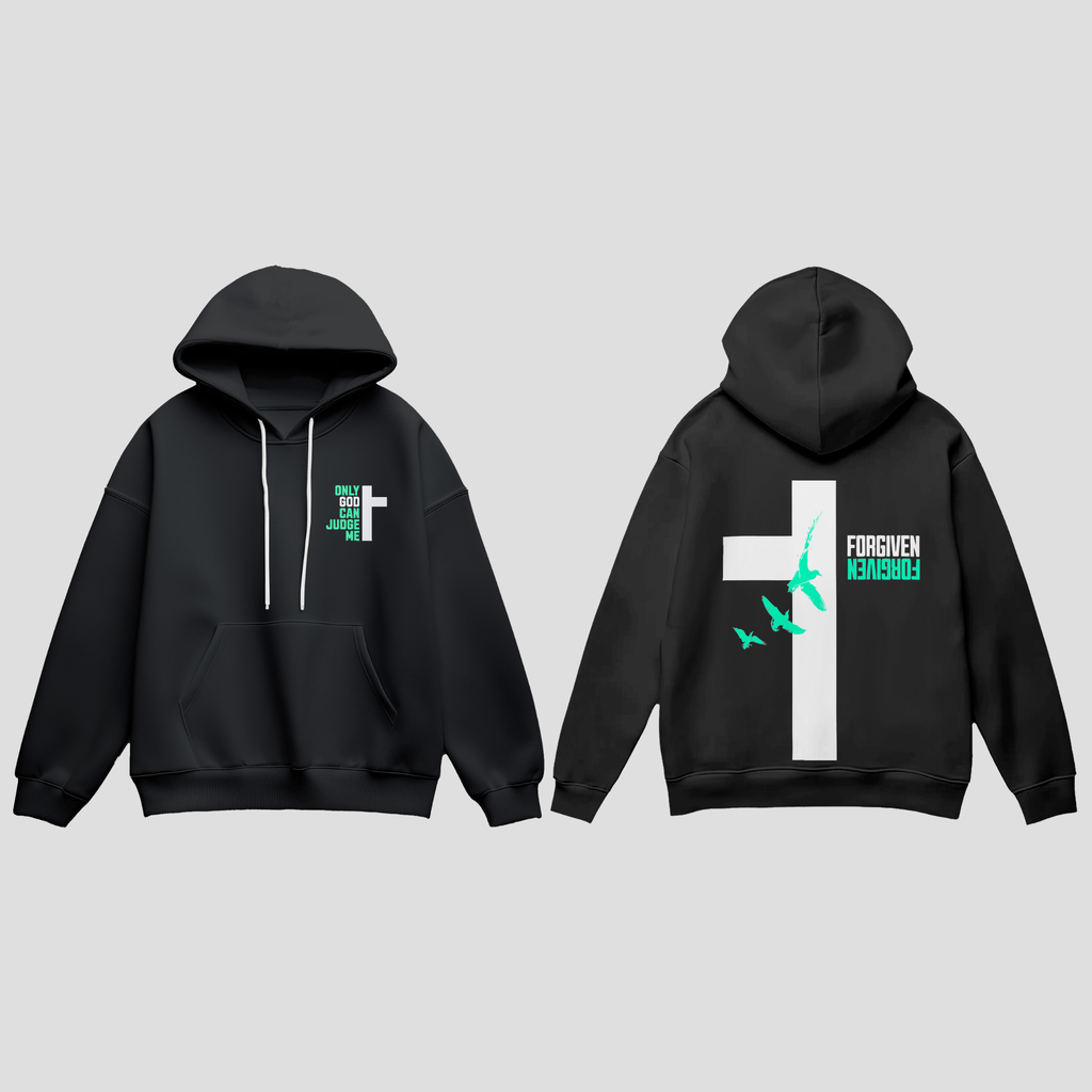 „schwarzer faith hoodie mit großem kreuz backprint und forgiven schriftzug christliche streetwear“