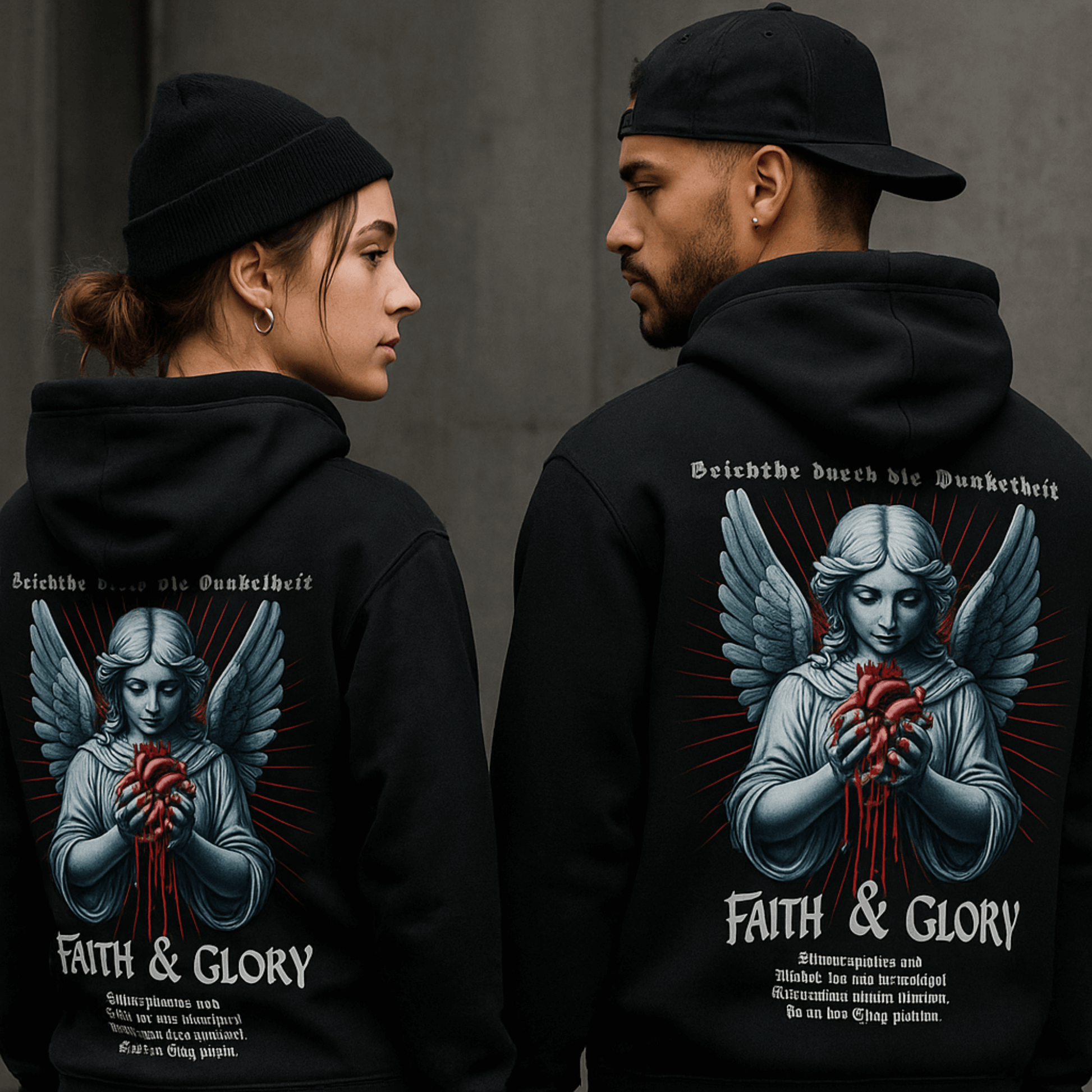 „engel hoodie streetwear shooting mann frau backprint gothic aesthetic“